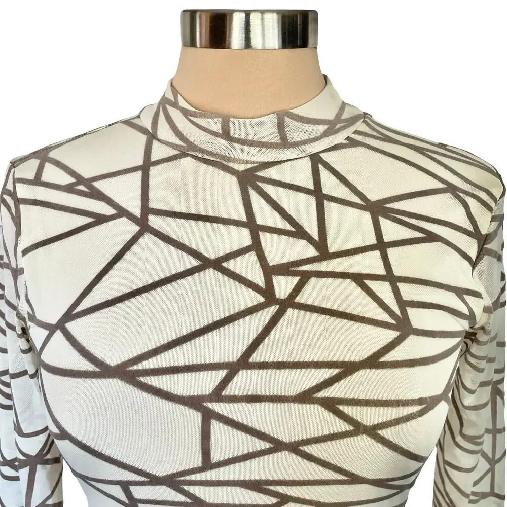 The Vintage Shop Flocked Mesh Top Mock Neck Long Sleeves Size M Sheer Mesh